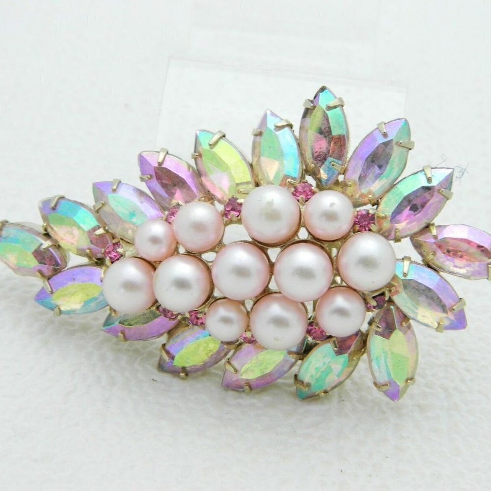 Gold Tone Pink Aurora Borealis Rhinestone Brooch